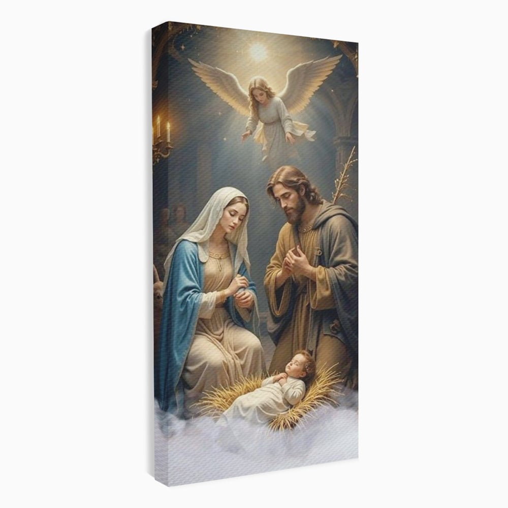 Tablou canvas cu tablou canvas cu sfanta familie si inger, fara rama, pe sasiu de lemn